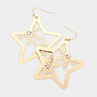 Stone Embellished Brass Metal Snowflake Accented Star Dangle Earrings