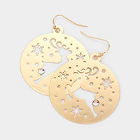Stone Embellished Cut Out Rudolph Brass Metal Round Dangle Earrings