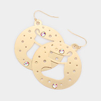 Stone Embellished Cut Out Christmas Socks Brass Metal Round Dangle Earrings