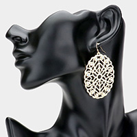 Stone Embellished Brass Metal Patterned Oval Dangle Earrings
