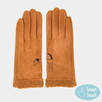 Embroidery Dog Suede Boucle Fur Cuff Smart Gloves