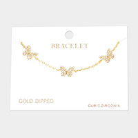 Gold Dipped CZ Triple Butterfly Charm Station Bracelet