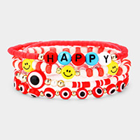 4PCS - HAPPY Smile Evil Eye Accented Heishi Beaded Stretch Bracelets
