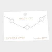 White Gold Dipped CZ Triple Quatrefoil Charm Station Bracelet