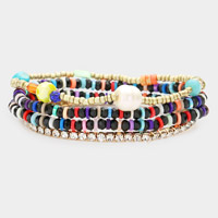 4PCS - Freshwater Pearl Accented Heishi Faceted Beaded Stretch Bracelets