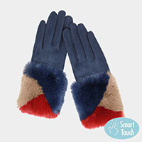 Color Block Faux Fur Cuff Accented Soft Suede Smart Gloves