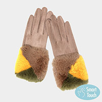 Color Block Faux Fur Cuff Accented Soft Suede Smart Gloves