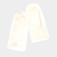 Snowflake Accented Super Soft Faux Fur Mitten Gloves