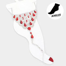 Teardrop Accented Rhinestone Net Toe Ring Evening Anklet