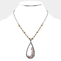 Rhinestone Embellished Open Metal Teardrop Pendant Necklace