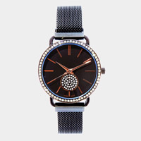 Rhinestone Trimmed Round Dial Metal Magnetic Watch