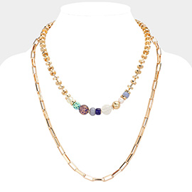 Pearl Multi Bead Accented Double Layered Bib Necklace
