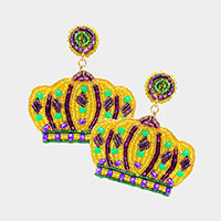 Felt Back Mardi Gras Multi Beaded Crown Dangle Earrings