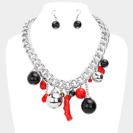 Natural Stone Metal Ball Pearl Coral Link Statement Necklace