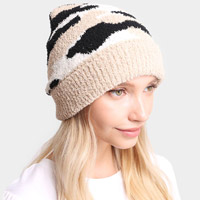 Camouflage Patterned Ribbed Trim Soft Beanie Hat