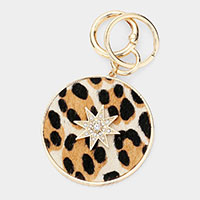 Leopard Patterned Genuine Leather Calf Round Keychain
