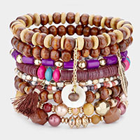 9PCS - Tassel Metal Feather Mother of Pearl Charm Wood Beaded Stretch Bracelets