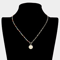 CZ Embellished Brass Metal Octagon Pendant Necklace