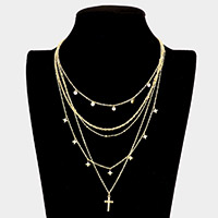 Metal Disc North Star Cross Pendant Multi Layered Necklace