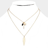 Natural Stone Rhinestone Metal Bar Feather Pendant Double Layered Necklace