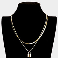 Metal Lock Pendant Double Layered Necklace