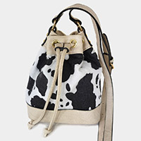 Cow Patterned Faux Leather Drawstring Crossbody Bag