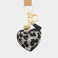 Leopard Patterned Bling Heart Tassel Keychain