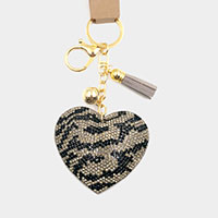 Zebra Patterned Bling Heart Tassel Keychain