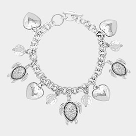 Rhinestone Embellished Turtle Metal Heart Charm Station Toggle Bracelet