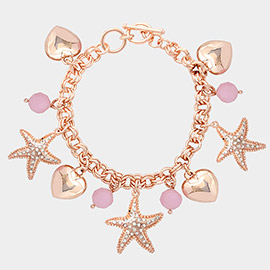Rhinestone Embellished Starfish Metal Heart Charm Station Toggle Bracelet