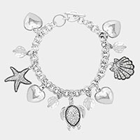 Rhinestone Embellished Starfish Turtle Shell Metal Heart Charm Station Toggle Bracelet