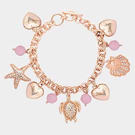 Rhinestone Embellished Starfish Turtle Shell Metal Heart Charm Station Toggle Bracelet