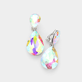 Glass Crystal Double Teardrop Clip on Evening Earrings