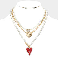 3PCS - Enamel Rhinestone Embellished Metal Heart Pendant Pearl Necklaces