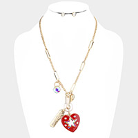 Rhinestone Embellished Safety Pin LOVE Star Centered Enamel Heart Pendant Necklace