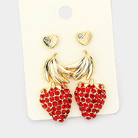 3Pairs - Rhinestone Embellished Heart Strawberry Metal Banana Stud Earrings