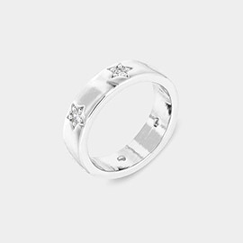 Rhodium Plated CZ Embellished Star Metal Band Ring