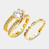 2PCS - Gold Plated CZ Round Accented Metal Band Rings