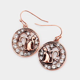 Stone Embellished Metal Cat on Crescent Moon Dangle Earrings