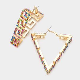 Rhinestone Embellished Greek Patterned Triangle Hoop Earrings