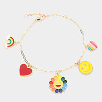Enamel Rainbow Heart Flower Smile Charm Station Bracelet