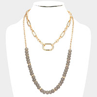 Open Metal Oval Link Resin Beaded Double Layered Bib Necklace