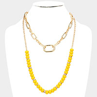 Open Metal Oval Link Resin Beaded Double Layered Bib Necklace