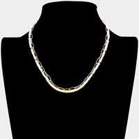 Curved Metal Tube Accented Pearl Open Oval Link Double Layered Necklace