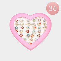 36PCS - Stone Embellished Flower Butterfly Heart Frog Swan Rings
