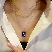 -N- Gold Dipped Enamel Rectangle Monogram Pendant Necklace
