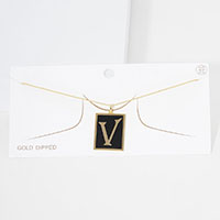 -V- Gold Dipped Enamel Rectangle Monogram Pendant Necklace