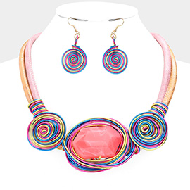 Marbled Bead Accented Colorful Swirl Metal Wire Necklace