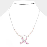 Rhinestone Embellished Pink Ribbon Pendant Pearl Necklace