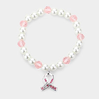 Rhinestone Embellished Pink Ribbon Charm Pearl Stretch Bracelet